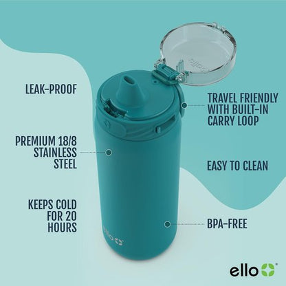 Ello Cooper 18oz Kids Stainless Steel Water Bottle - Double Walled, Leak Proof, BPA Free | Antigua Color