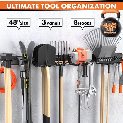Garage Tool Organizer by [Brand Name] - 48” Heavy-Duty Metal Storage Rack | Adjustable Hooks for Rakes, Brooms & More