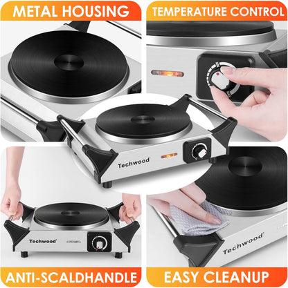 Techwood Single Burner Hot Plate - 1500W Electric Stove with Adjustable Temperature & Stay Cool Handles | 7.3" Cooktop in Silver for RV/Home