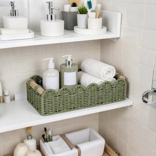 CubesLand Toilet Paper Storage Basket - Scalloped Edge Green Decor | Cozy Small Paper Rope Baskets with Handles