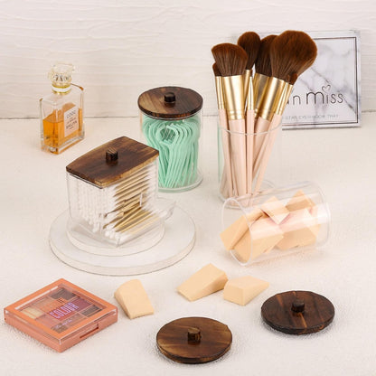 Tbestmax Qtip Holder - 4 Pack Cotton Ball & Swabs Dispenser with Bamboo Lids | 10/7oz Apothecary Jar (Brown)
