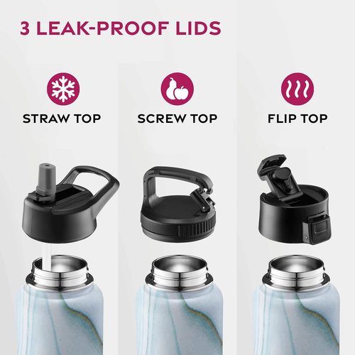 FineDine Stainless Steel Insulated Water Bottle - 25 Oz with Straw Lid & Flip Lid - Exquisite Blue Marble