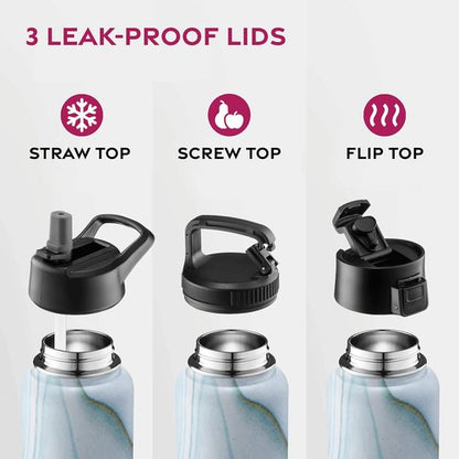 FineDine Stainless Steel Insulated Water Bottle - 25 Oz with Straw Lid & Flip Lid - Exquisite Blue Marble