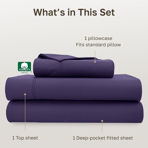 California Design Den Twin XL Cotton Sheet Set - 100% Soft, 400 Thread Count, Silky Smooth, Purple