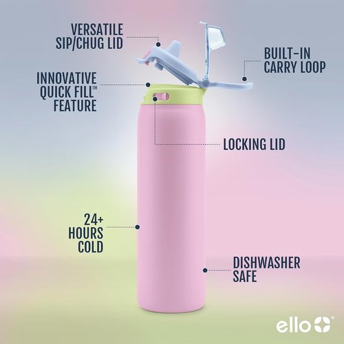 Ello Pop & Fill Insulated Stainless Steel Water Bottle - Quick Fill Lid, Leakproof Design, BPA-Free | 22oz, 32oz, 40oz