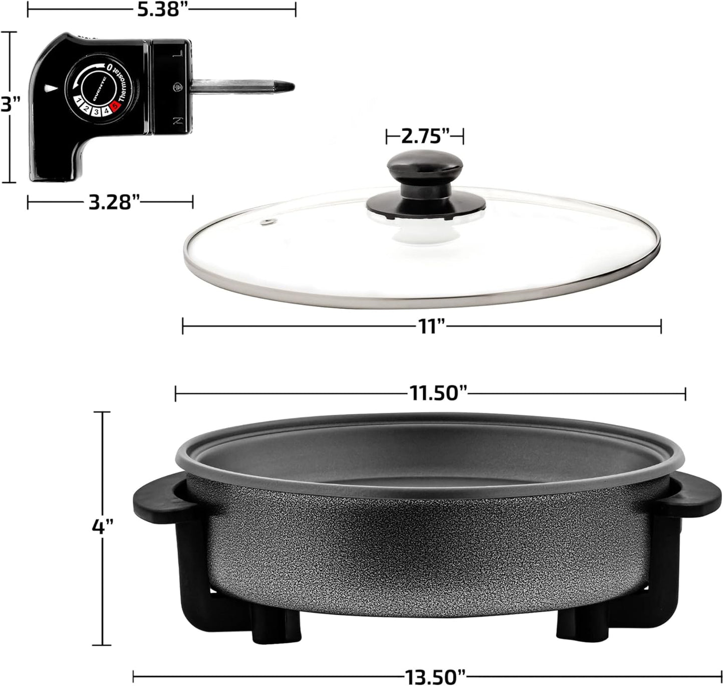 OVENTE Electric Skillet - 11.5-Inch Nonstick Frying Pan with Adjustable Temperature Control & Glass Lid