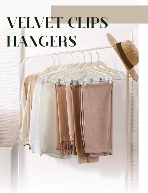 Cozymood Velvet Hangers - Ultra-Thin Non-Slip Clips for Skirts & Pants - Pack of 24 (Beige)