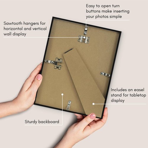 Americanflat 8.5x11 Picture Frame with Shatter-Resistant Glass - Set of 2 - Streamline Collection - Thin Border Photo Frame for Tabletop and Wall - Hanging Hardware and Easel Stand Included - Black