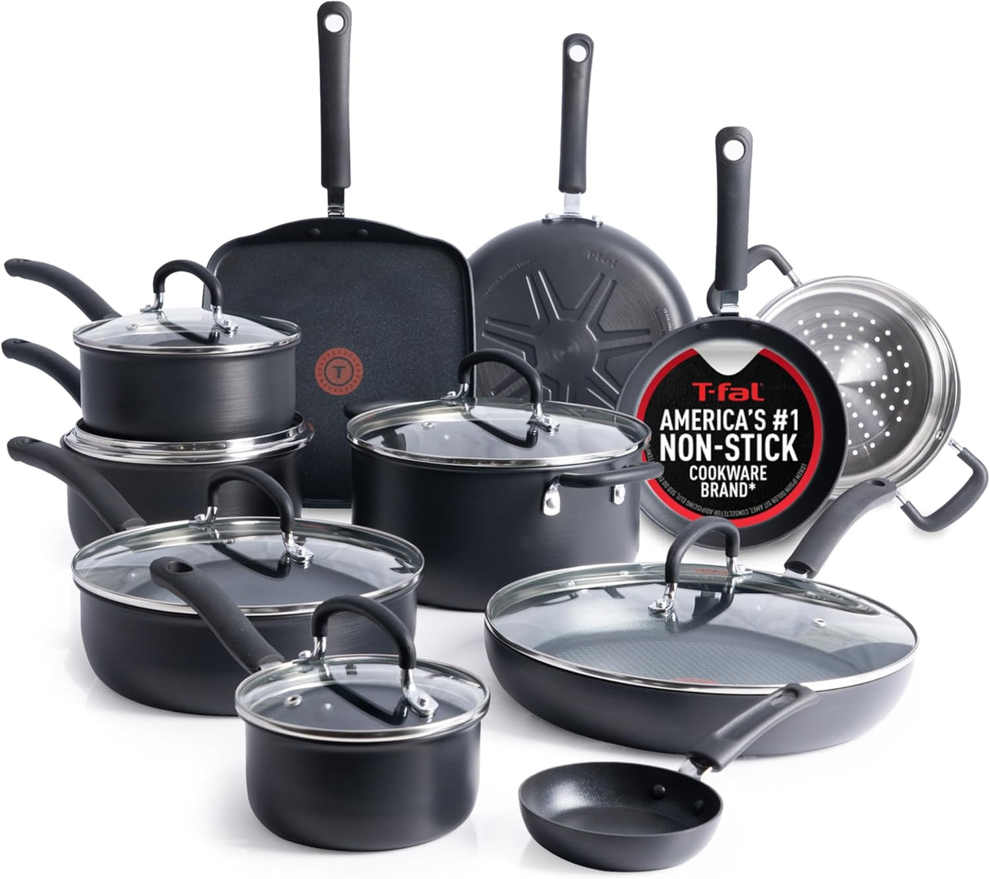 T-Fal Ultimate Nonstick Cookware Set - 17-Piece Hard Anodized Pots & Pans | Dishwasher Safe, Onyx Finish