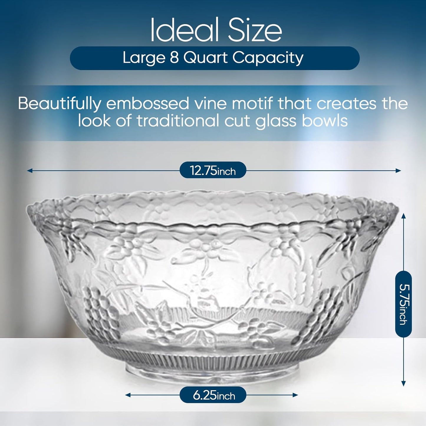 Premium Large Clear Punch Bowl Plastic Lightweight 2 Gallon with Clear Plastic Serving Ladle 5 oz Embroidered Design 8 Quart Serving Bowl