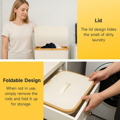 100L Foldable Laundry Basket with Lid, Dirty Clothes Hamper for Dormitories and Gyms | Laundry Hamper with Removable Bag, Beige