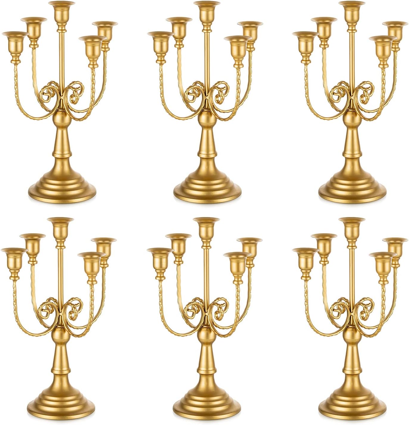 Romadedi Gold Candle Holders - 5 Arm 11.8" Candelabra Set for Wedding & Holiday Table Decor | Set of 6