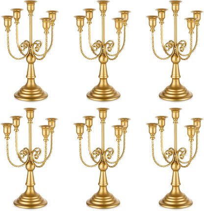 Romadedi Gold Candle Holders - 5 Arm 11.8" Candelabra Set for Wedding & Holiday Table Decor | Set of 6