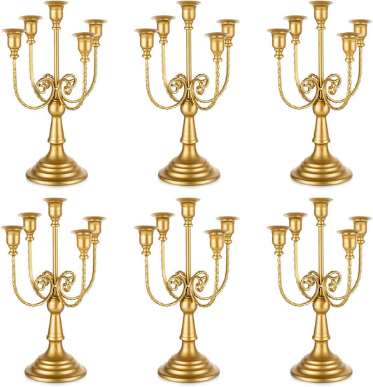 Romadedi Gold Candle Holders - 5 Arm 11.8" Candelabra Set for Wedding & Holiday Table Decor | Set of 6