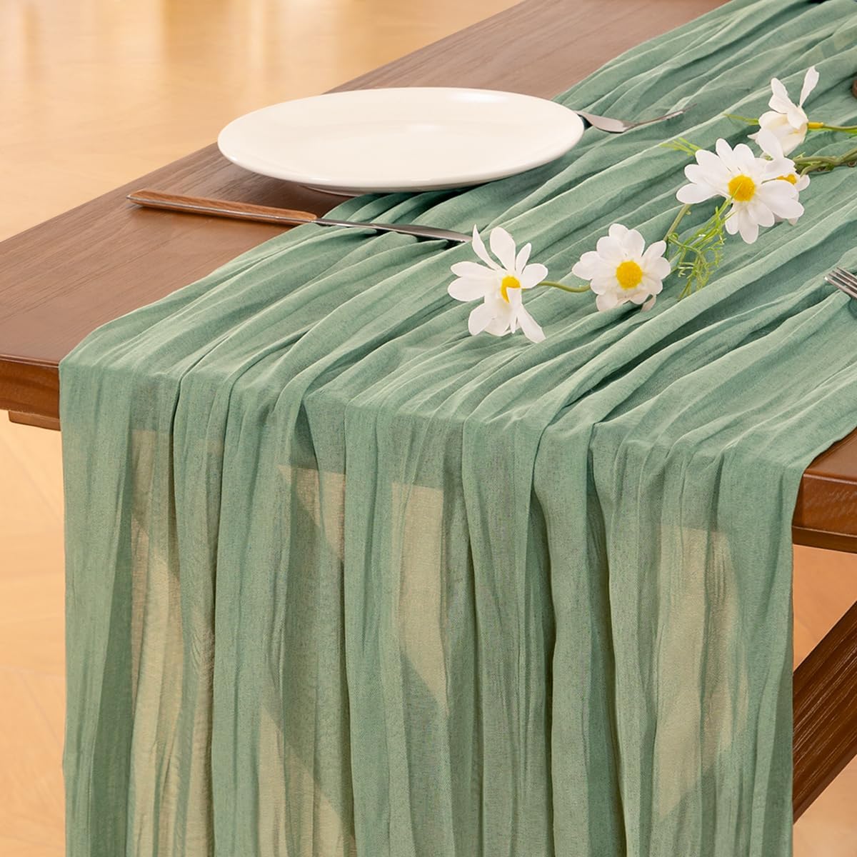 Socomi Cheesecloth Table Runner - Sage Green Boho Rustic Decor | 120 Inch for Weddings & Events