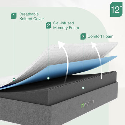 Novilla 12 Inch Queen Mattress - Advanced Cooling Gel Memory Foam & Charcoal Support Layer for Medium-Firm Comfort