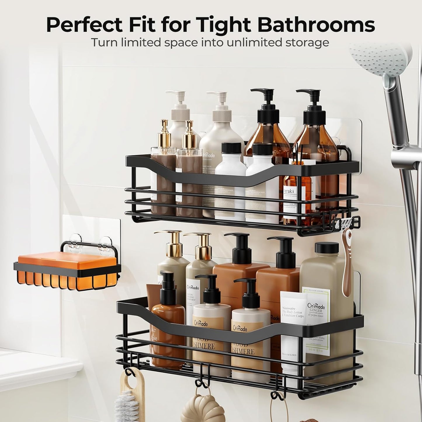 Orimade Shower Caddy - Wall-Mounted Bathroom Organizer with 5 Hooks | No Drilling, SUS304 Stainless Steel - 3 Pack, Black