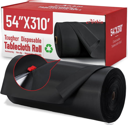 Regine Switzerland Plastic Tablecloth Roll - 310 Ft x 54 In Waterproof Black Disposable Cover for Events