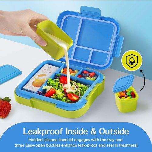 Caperci Bento Lunch Box for Kids - Large 4.8 Cups, Leak-Proof, Portable Handle | Blue/Juicy Pear