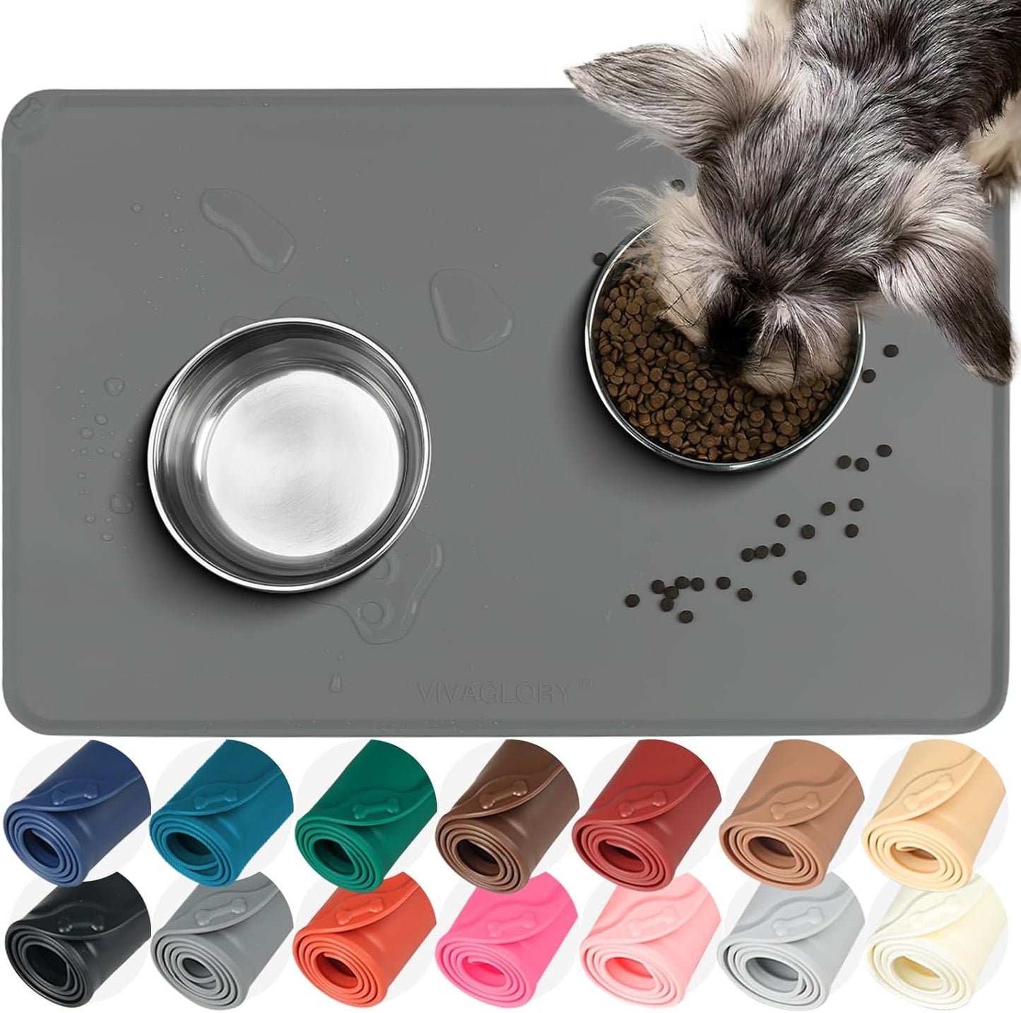 VIVAGLORY Dog Food Mat - Non-Slip Waterproof Silicone Bowl Placemat with Raised Edges | Grey, Small