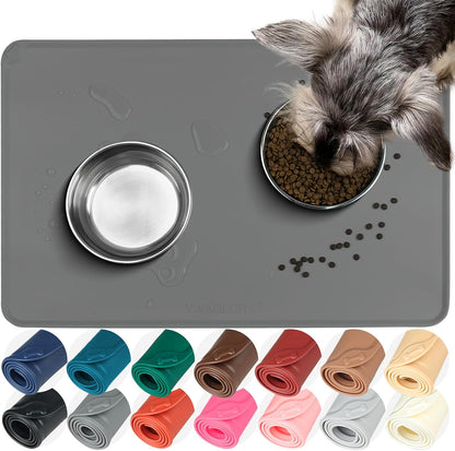 VIVAGLORY Dog Food Mat - Non-Slip Waterproof Silicone Bowl Placemat with Raised Edges | Grey, Small