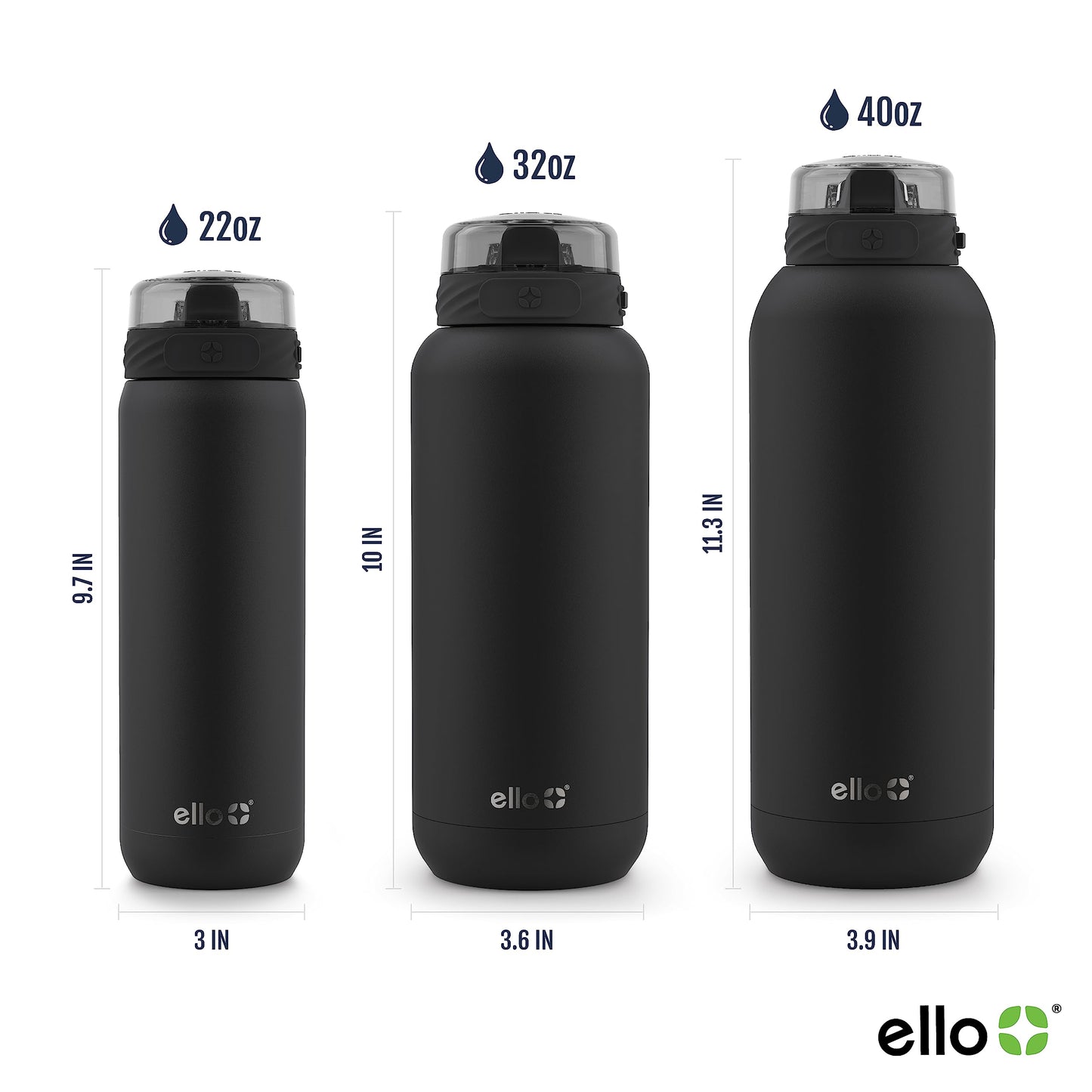 Ello Cooper 32oz Stainless Steel Water Bottle with Straw and Carry Handle, Double Walled and Vacuum Insulated Metal, Leak Proof Locking Lid with Soft Silicone Spout, Reusable, BPA Free, Black