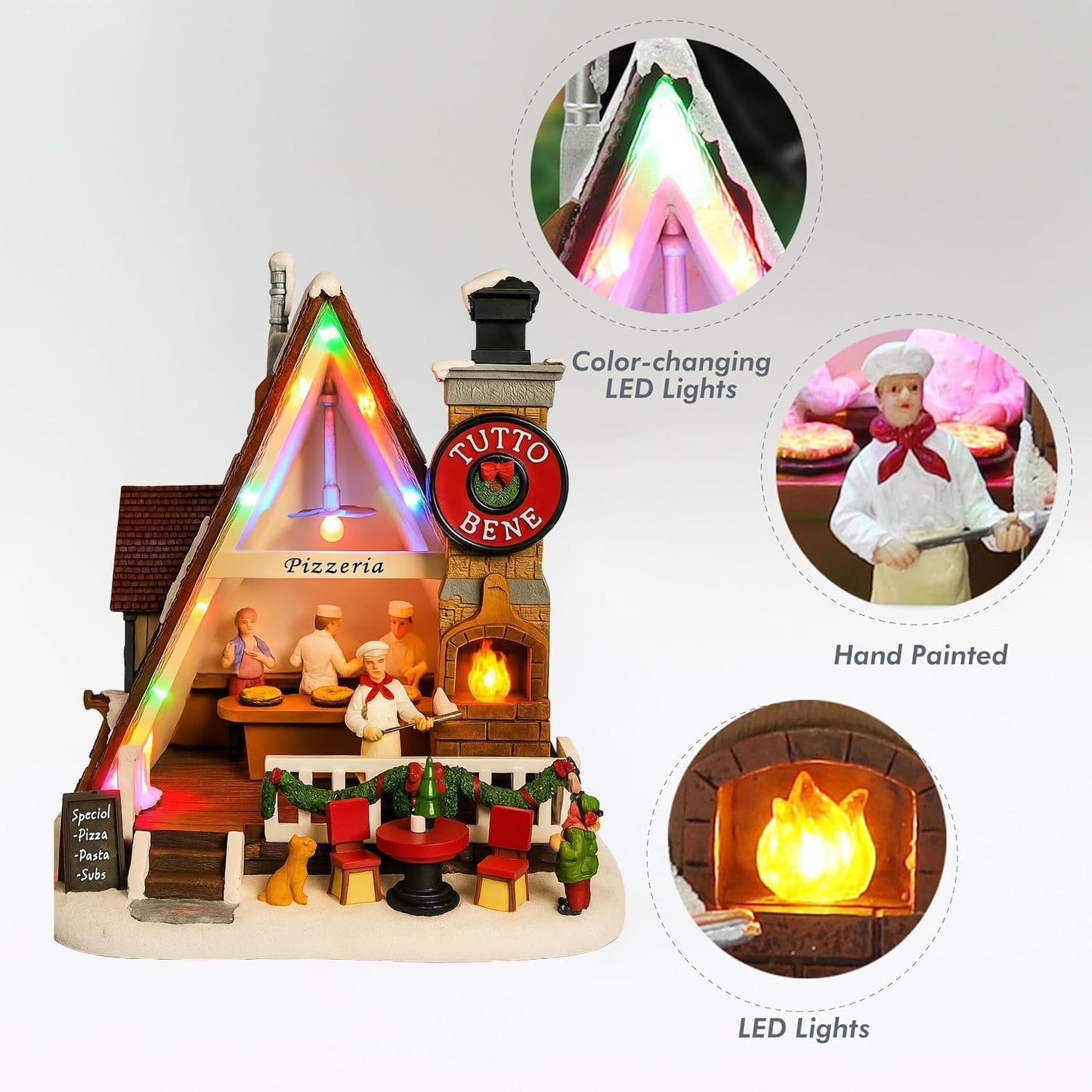 Moments In Time Pizza Shop Scene - Handcrafted LED Musical Pizzeria Holiday Decoration | Tabletop Display