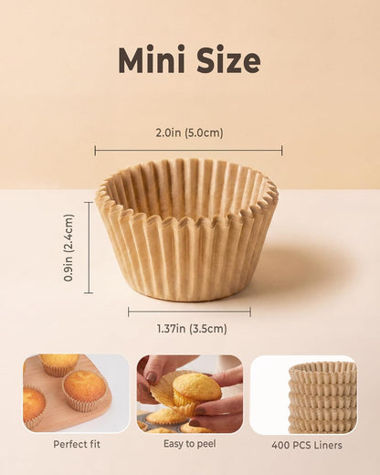 Bake Choice Mini Cupcake Liners - 400 Pcs Non-Stick Natural Parchment for Muffin Pans | Greaseproof
