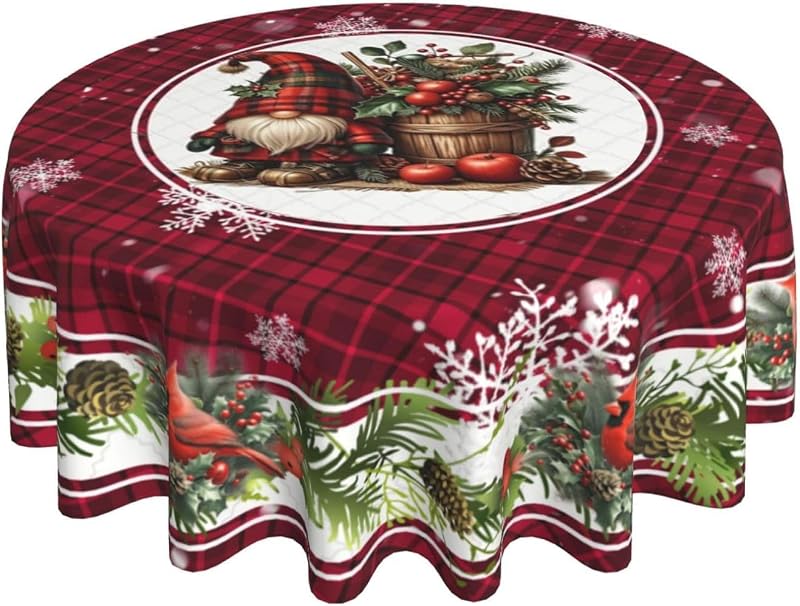 Christmas Bird Gnome Round Tablecloth 60 Inch - Red Plaid, Washable