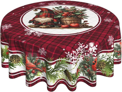 Christmas Bird Gnome Round Tablecloth 60 Inch - Red Plaid, Washable