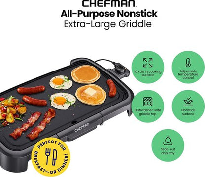 Chefman XL Electric Griddle - Nonstick Immersible Flat Top Grill with Removable Temperature Control | 10 x 20 Inch