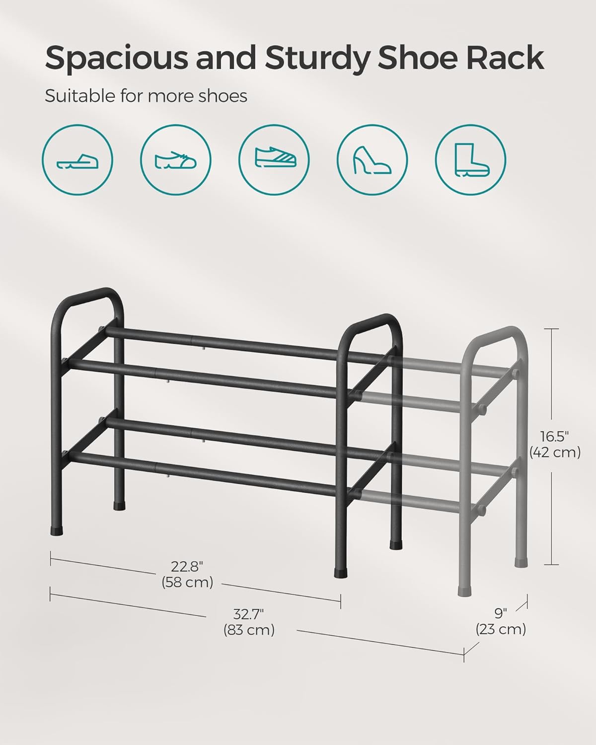 SONGMICS Expandable Shoe Rack - Adjustable 2-Tier Organizer for 15 Pairs - Metal Free Standing, Ink Black