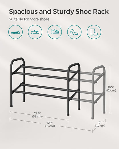 SONGMICS Expandable Shoe Rack - Adjustable 2-Tier Organizer for 15 Pairs - Metal Free Standing, Ink Black