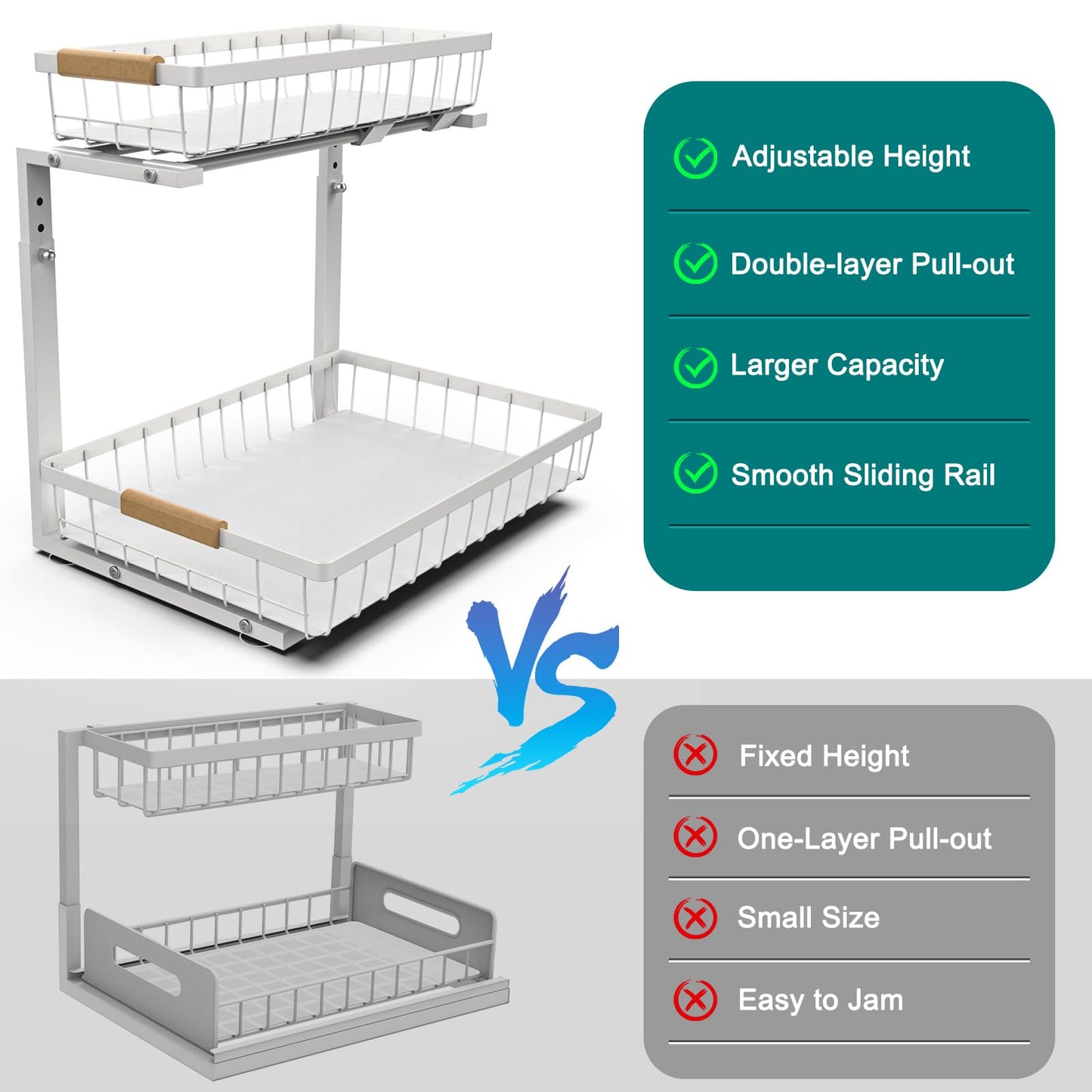 NATURE'S SOURCE Under Sink Organizers and Storage 2 Pack Height Adjustable 2 Tier Pull Out Cabinet Organizer Metal Slide Out Under Bathroom Kitchen Sink Organizers and Storage (White, 2 pack)