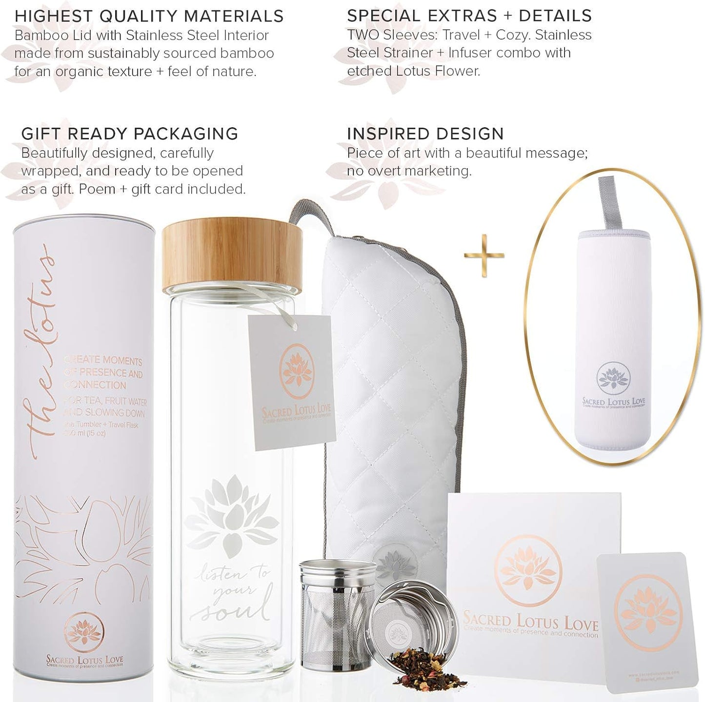 Sacred Lotus Love Double-Walled Glass Tea Tumbler - 15oz Infuser for Loose Leaf Tea & Travel Sleeve