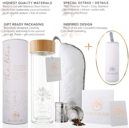 Sacred Lotus Love Double-Walled Glass Tea Tumbler - 15oz Infuser for Loose Leaf Tea & Travel Sleeve