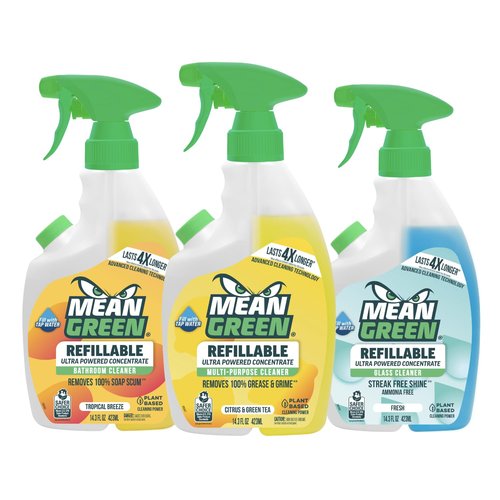 Mean Green Ultra Powered Refillable Cleaner Concentrate Variety 3 Pack – Multi-Purpose Citrus & Green Tea, Bathroom Tropical Breeze, Glass Fresh – 14.3 fl oz Each