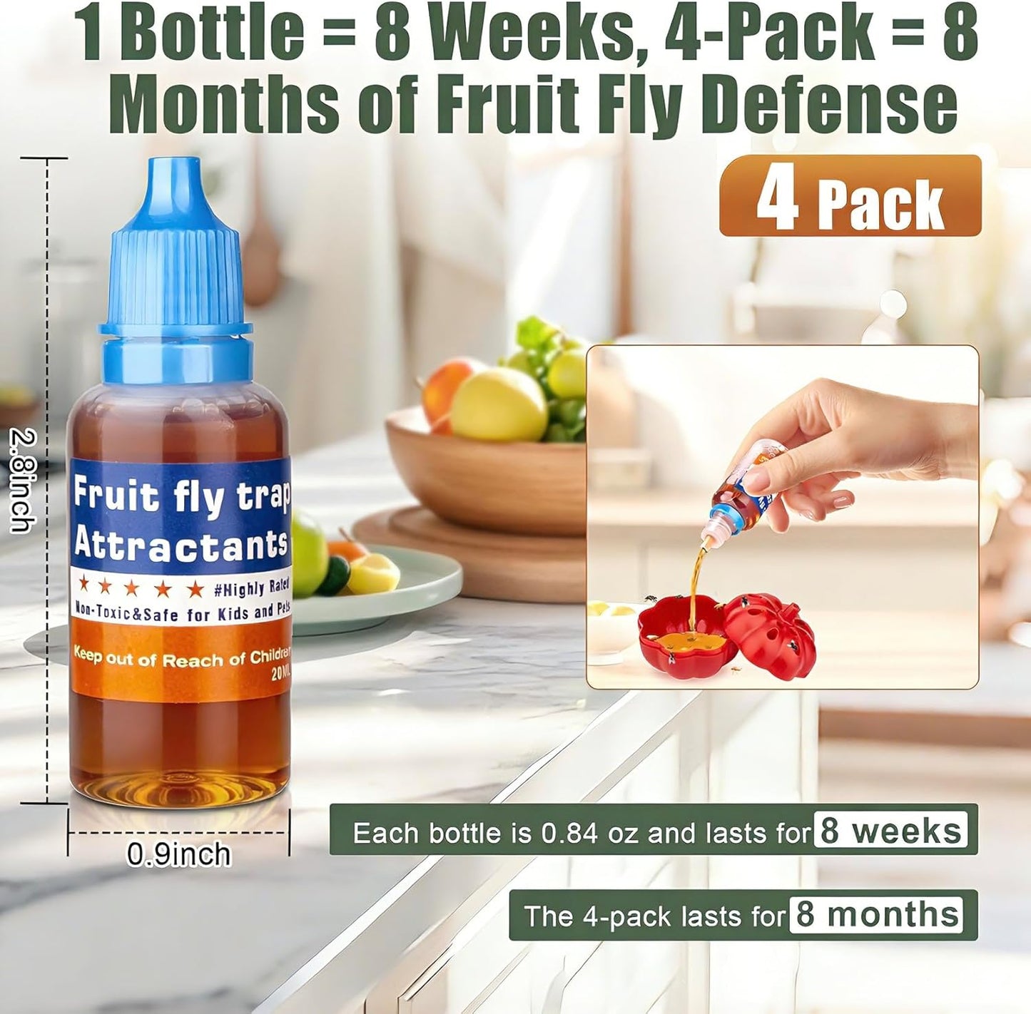 Skiennix Fruit Fly Trap Refill Liquid - Effective Gnat Killer Bait with Long-Lasting Fruit Scent (4 Pack)
