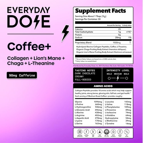Everyday Dose Bold Medium Roast Mushroom Coffee - 90mg Caffeine, Grass-Fed Collagen & Superfoods | 30 Servings