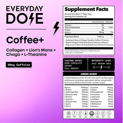 Everyday Dose Bold Medium Roast Mushroom Coffee - 90mg Caffeine, Grass-Fed Collagen & Superfoods | 30 Servings