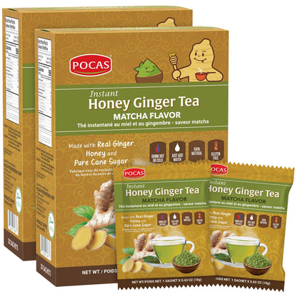 Pocas Honey Ginger Tea and Matcha – Instant Tea Powder Packets with Real Ginger, Honey, and Matcha Green Tea, Caffeine Free Tea, 20 Count (Pack of 2)