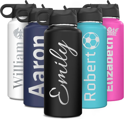 Skiennix Insulated Stainless Steel Water Bottle - Personalized Name & Icon | 32 oz Flip Top Lid & Straw