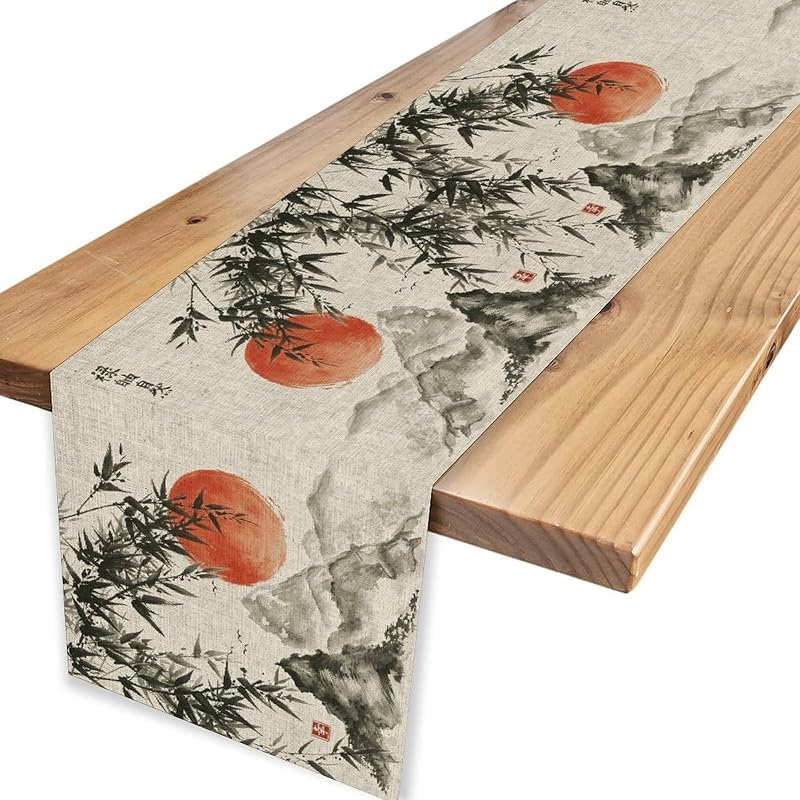 Japanese 4+ 13" x 72" Table Runner - Chinoiserie Red Sun Mountain Bamboo Decor