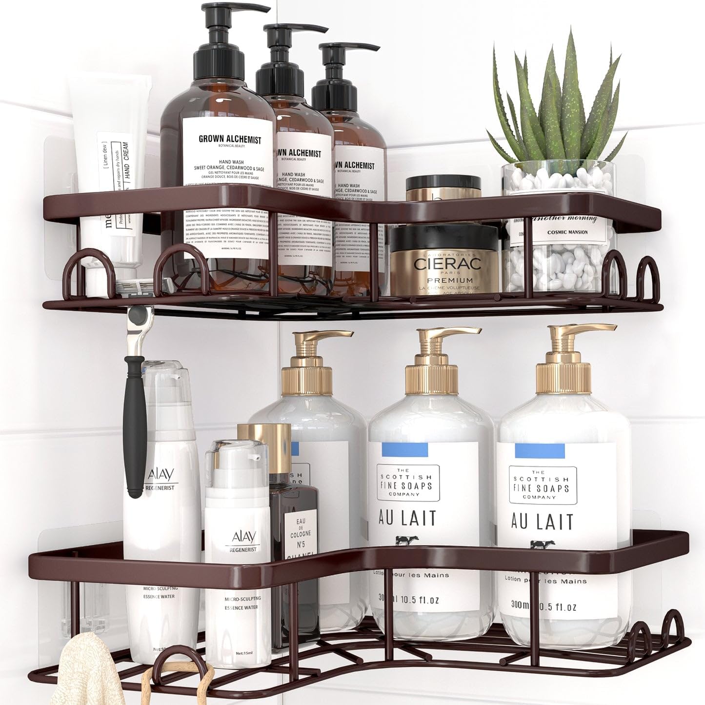 Sakugi Corner Shower Caddy - Rustproof Stainless Steel Organizers with 8 Hooks | No Drilling, Space-Saving, Brown, 2 Pack