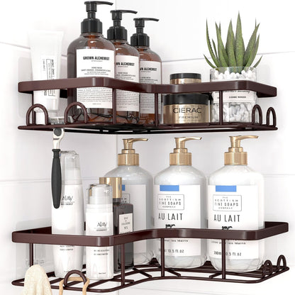 Sakugi Corner Shower Caddy - Rustproof Stainless Steel Organizers with 8 Hooks | No Drilling, Space-Saving, Brown, 2 Pack