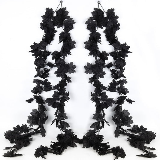 4PCS Black Leaf Garland Halloween Artificial Hanging Fall Leave Maple Vines Fall Floral Garlands Autumn Garland Thanksgiving Decor for Home Wedding Party Archway (5.7FT*4)