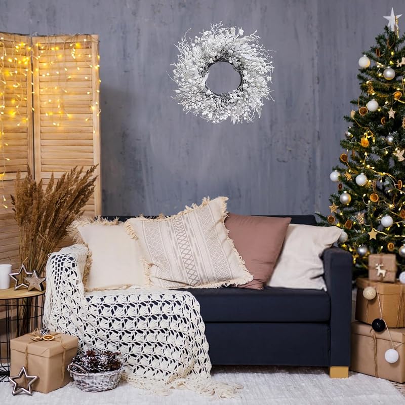 20 Inch Snow Flocked Wreath with White Berries, Leaves & Twigs - Front Door & Outdoor Decor (Variation: 20"-flocked berries)