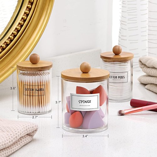 Apothecary Jar Qtip Holder Dispenser - 3 Pack Bamboo Lids Vanity Organizer for Bathroom Accessories