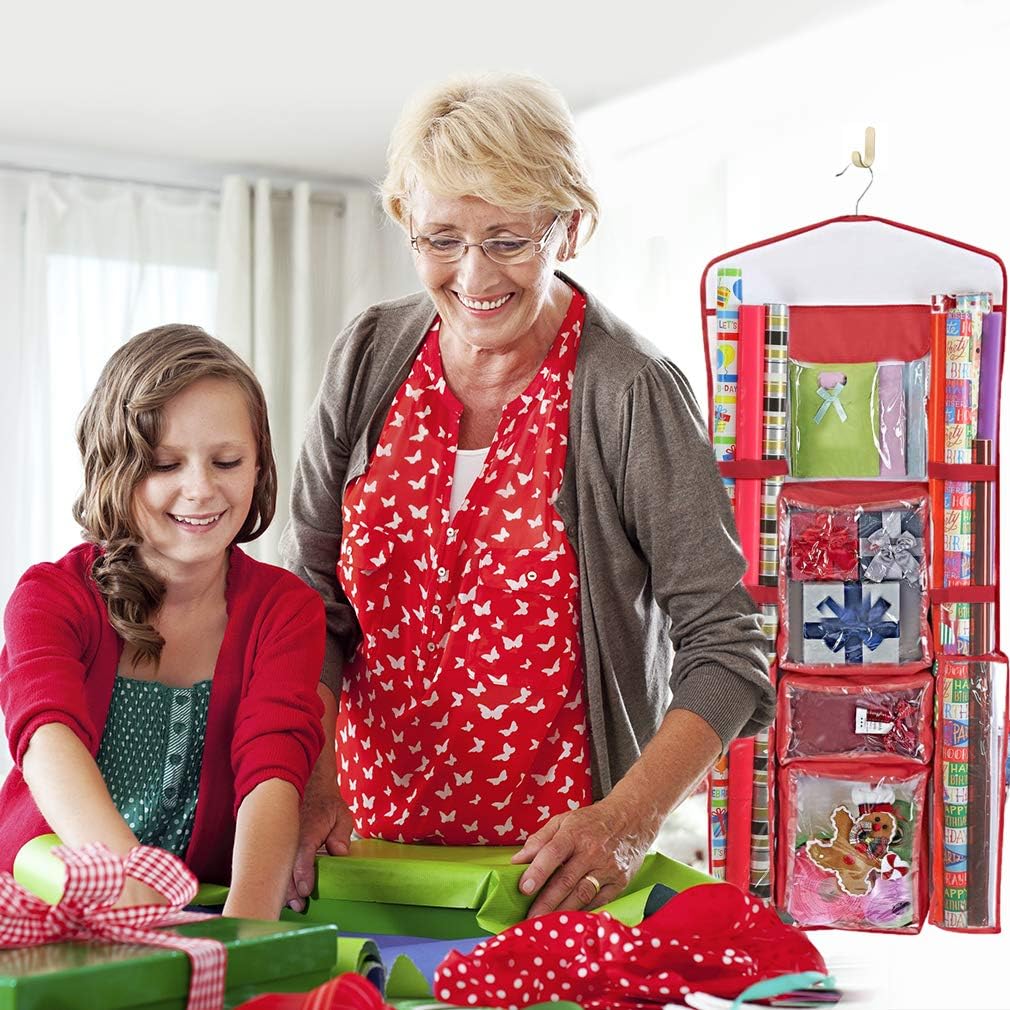 ProPik Wrapping Paper Storage Organizer - Double-Sided Design with Multiple Pockets | 40" x 17" Clear PVC Bag (Red)