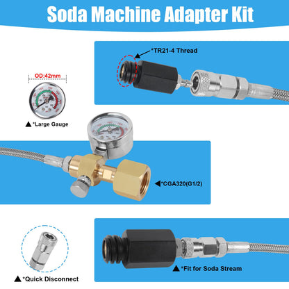 Soda Maker Adapter Soda Maker Connector with Larger Pressure Gauge, CO2 Tank CO2 Cylinder Adapter with Stainless Steel Hose, CGA320 to TR21-4 Carbonated Water Maker for Fizzi One Touch Jet Ninja